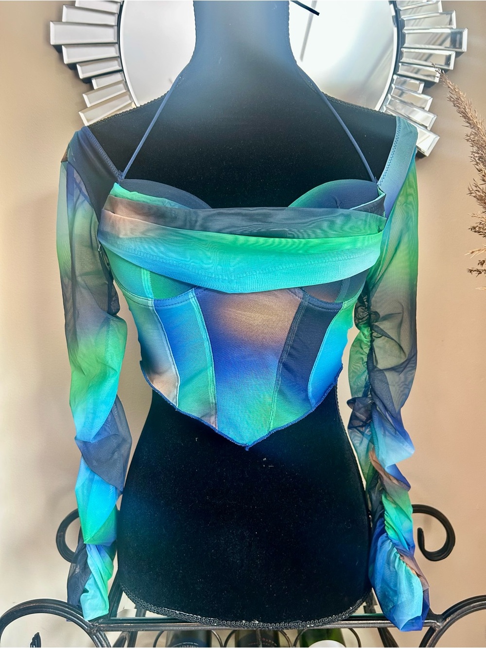 Forever 21 Green-Blue Sheer Off-Shoulder Corset Crop Top
